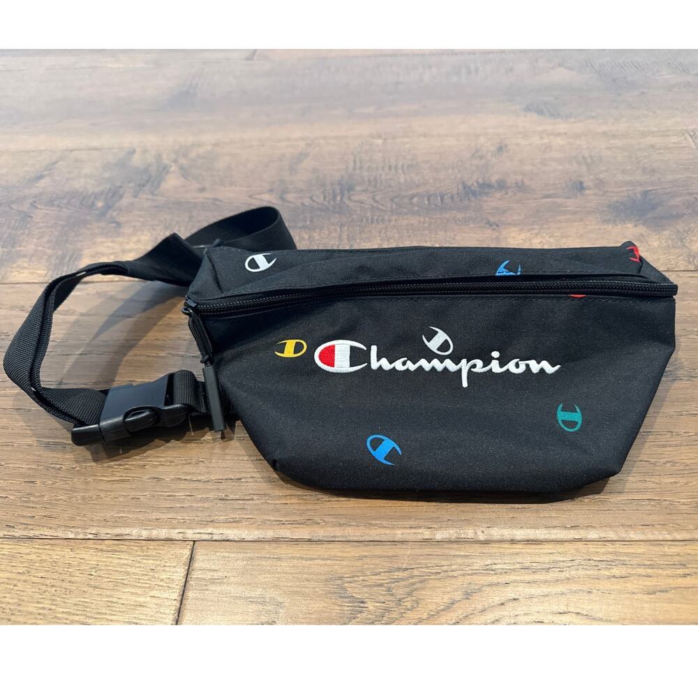 Champion Varsity Embroidered Logo Waist Belt Bag Black Sporty Streetwear Canvas